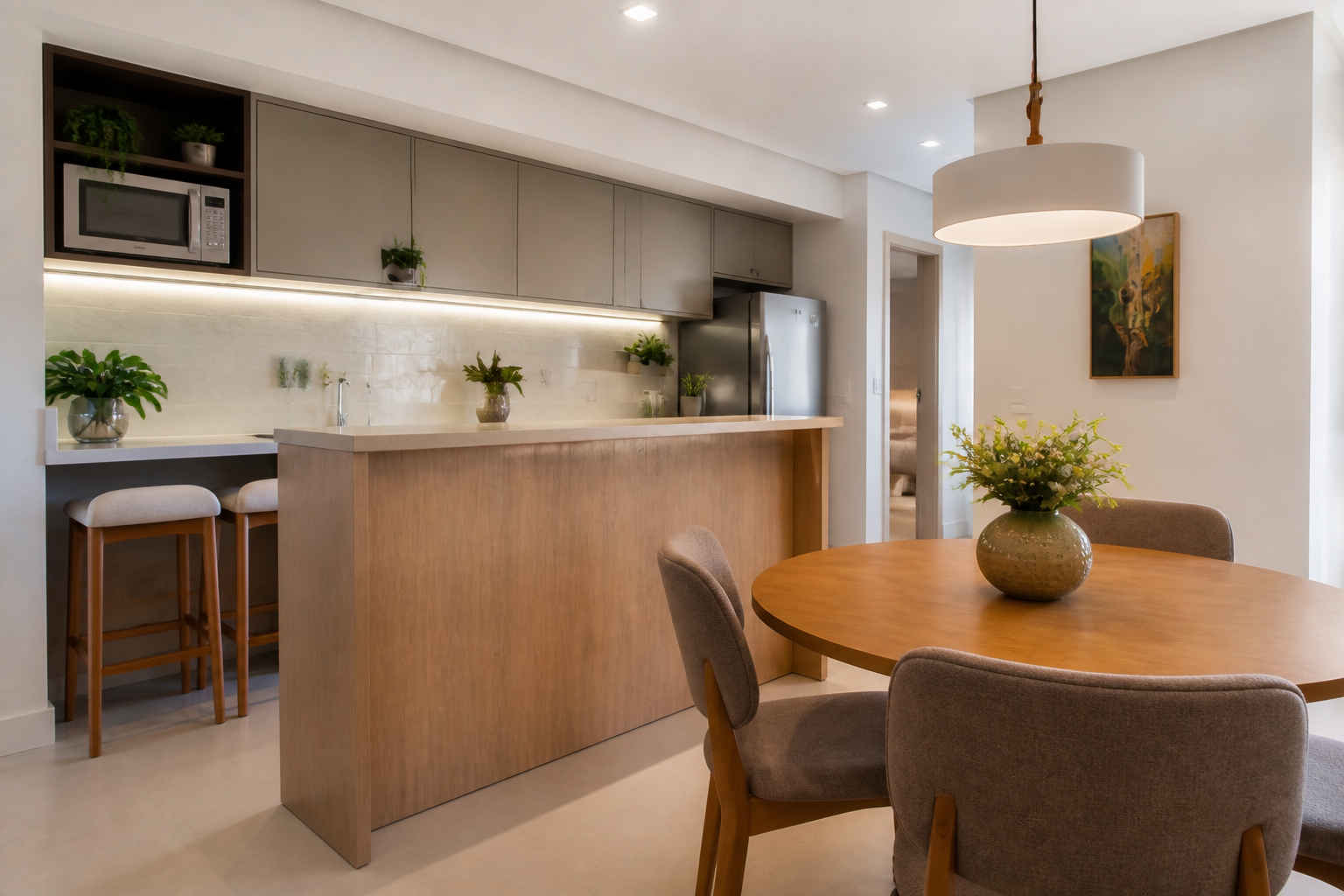 Cozinha integrada do apartamento com bancada e sala de jantar
