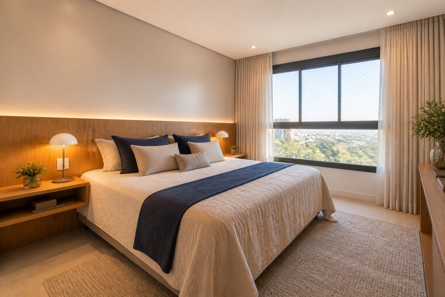 Quarto principal do apartamento com marcenaria clara e vista para a cidade