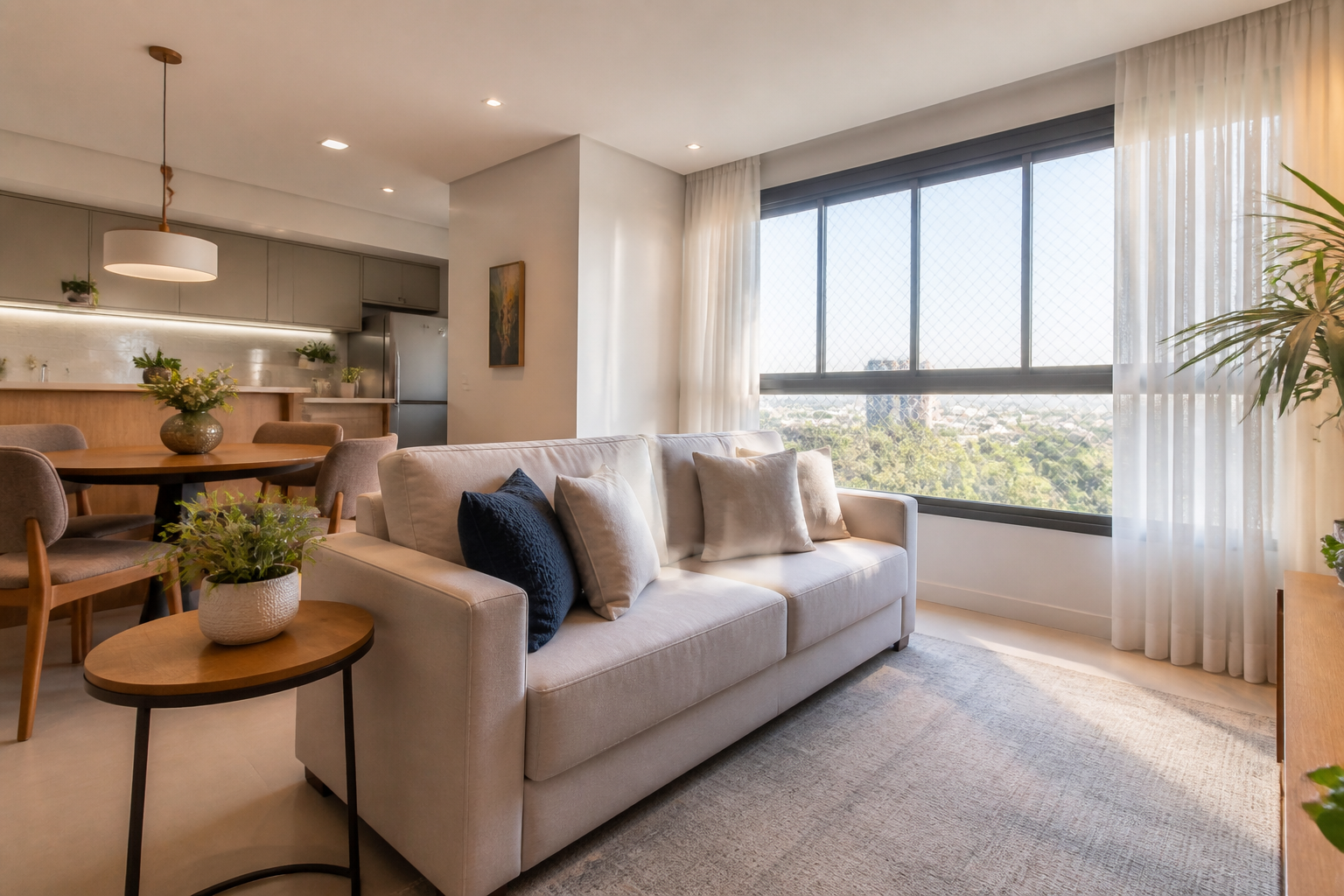 Sala clara e contemporânea de apartamento