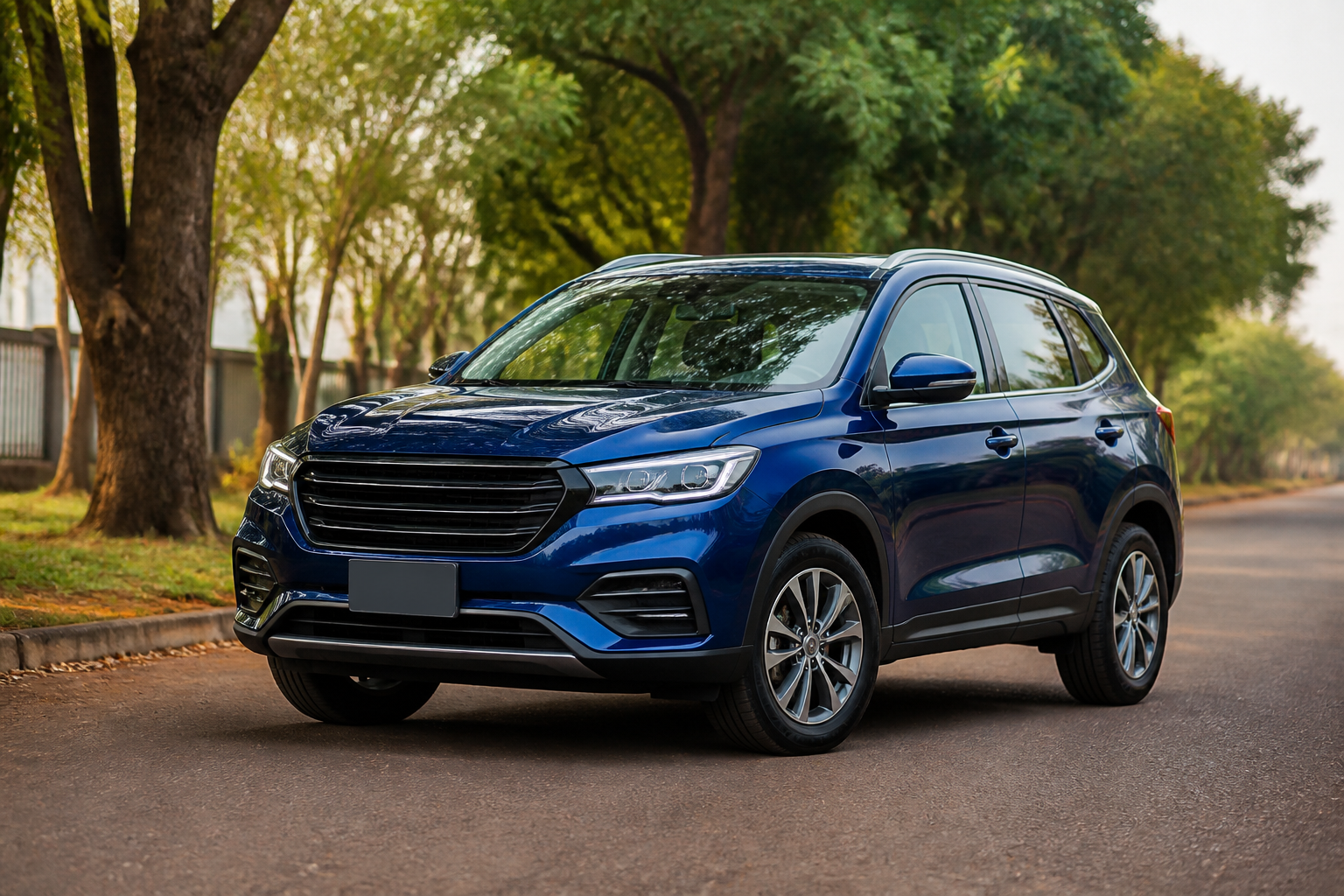 SUV azul estacionado em rua arborizada